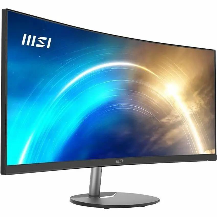 MSI Pro MP341CQ 34-inch UW-QHD curved monitor on a round silver stand