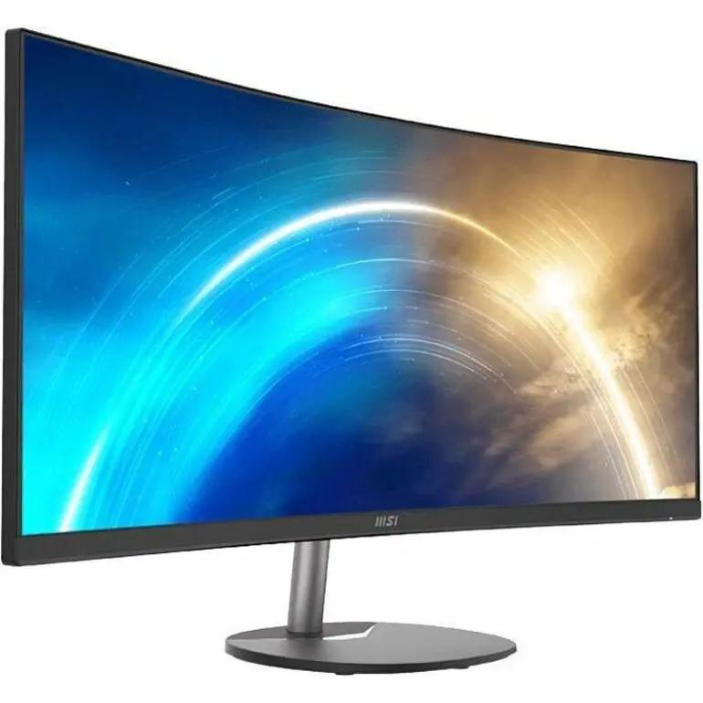 MSI Pro MP341CQ 34-inch UW-QHD curved monitor on a round gray stand