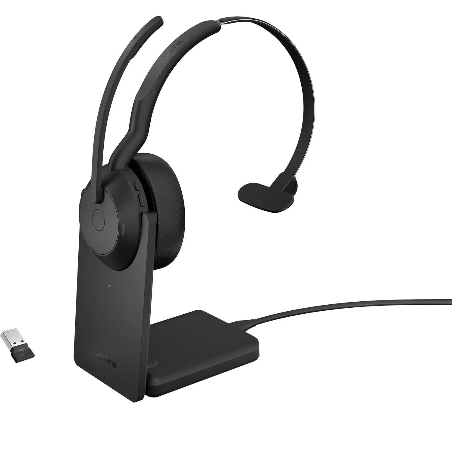 Jabra Evolve2 55 headset on a black stand with USB dongle