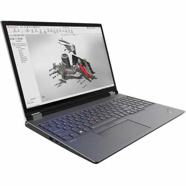 Lenovo ThinkPad P16 Gen 2 workstation laptop, dark gray, open with CAD model on screen.