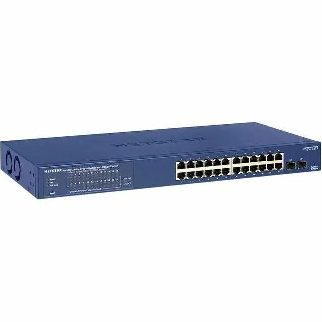 NETGEAR 24-Port PoE+ Smart Switch, blue metal enclosure, Gigabit Ethernet