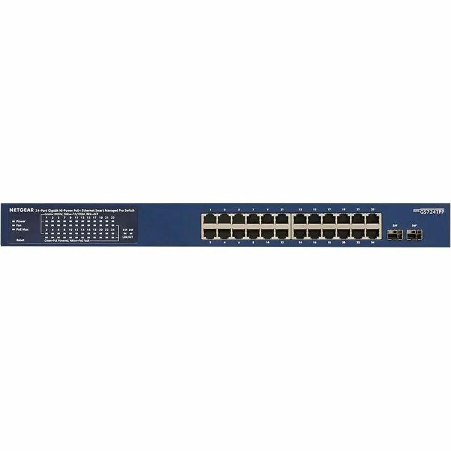 NETGEAR GS724TPP 24-Port Gigabit PoE+ switch front panel, blue metal chassis