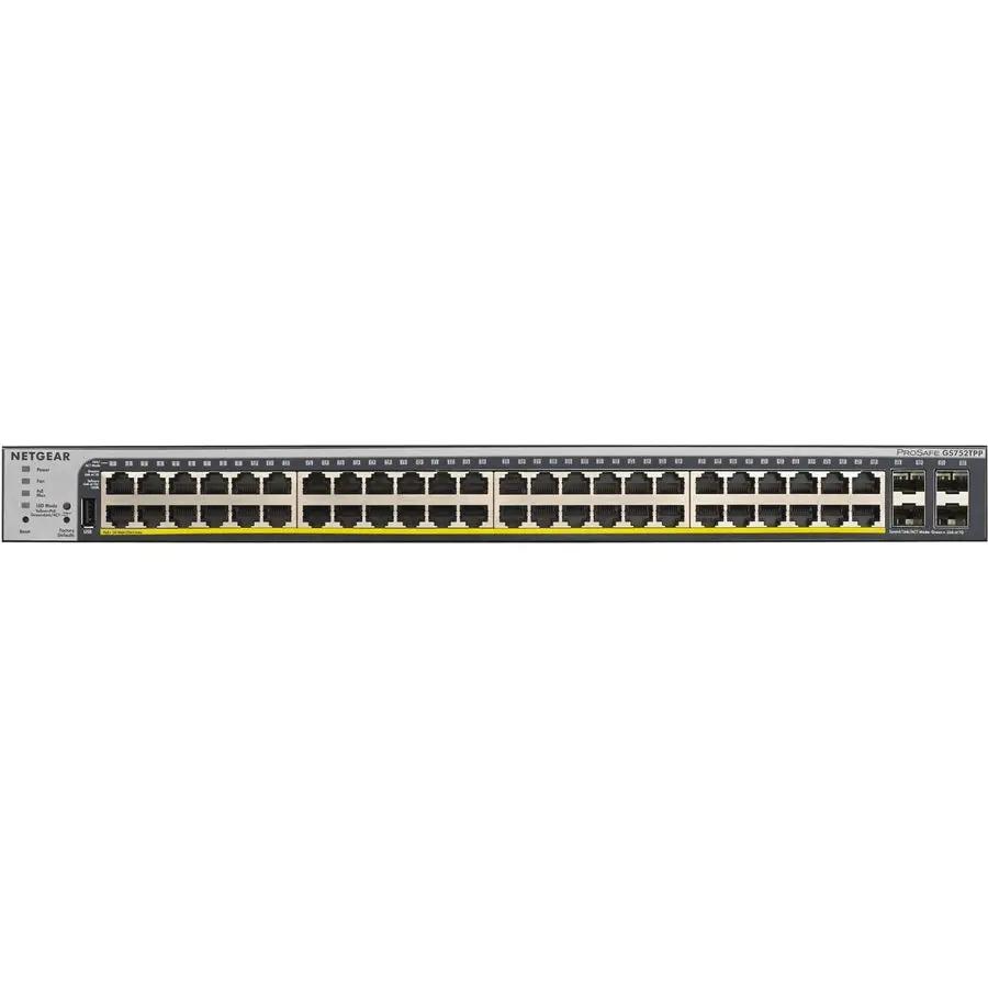 NETGEAR ProSAFE GS752TP 52-port Gigabit PoE+ SFP managed switch, gray chassis with yellow stripe