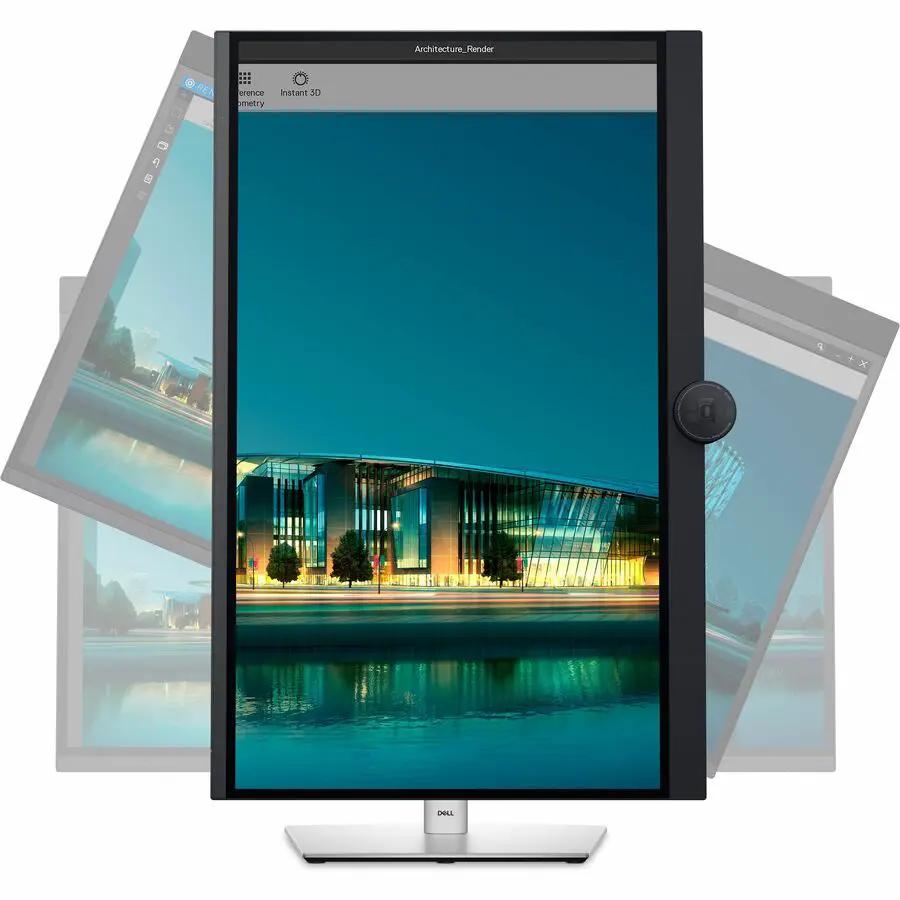 Dell UltraSharp U3224KB 32-inch 6K IPS monitor with built-in webcam, black bezel and silver stand, three monitors shown