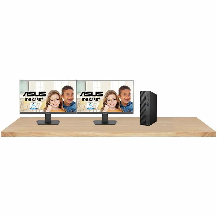 ASUS VA27EHF 27-inch IPS monitor setup with dual displays and a black desktop PC on a wooden desk