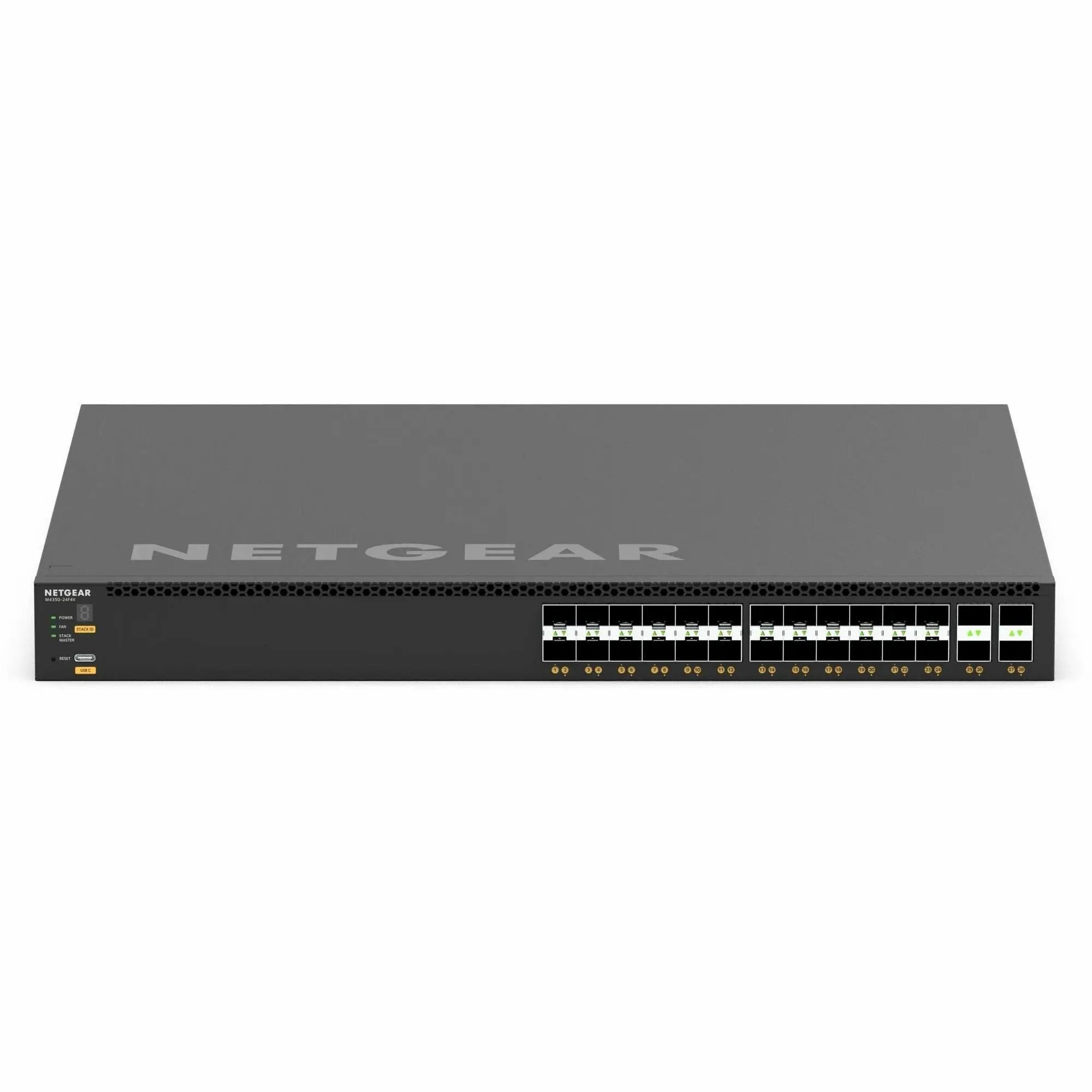 NETGEAR M4350 28-Port Managed Switch, black rack-mount network switch with front ports