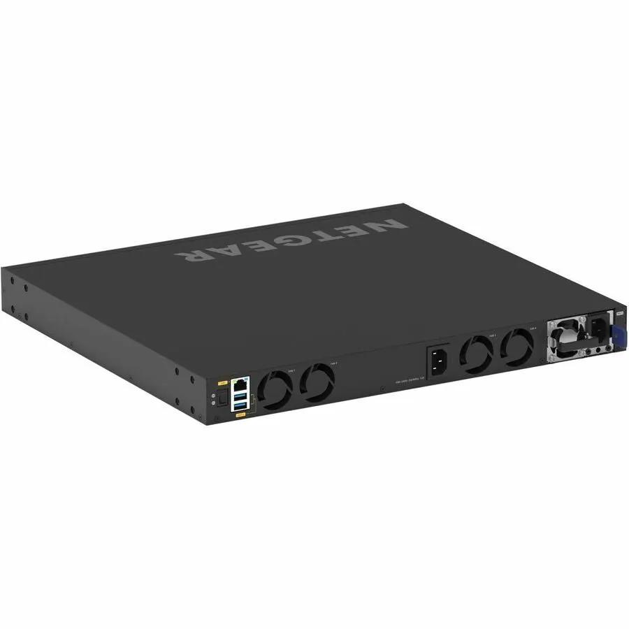 NETGEAR M4350 28-Port Managed Switch in black metal chassis.
