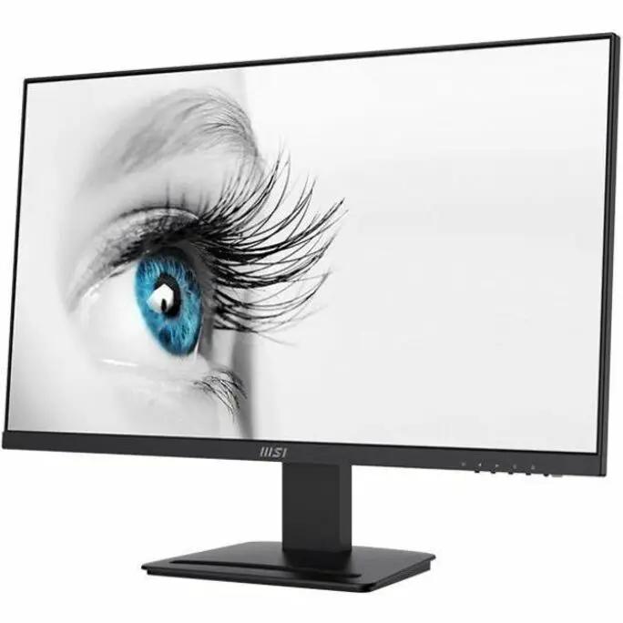 MSI Pro MP273A 27-inch LCD monitor with black bezel on stand; MSI logo visible and blue eye artwork on screen.