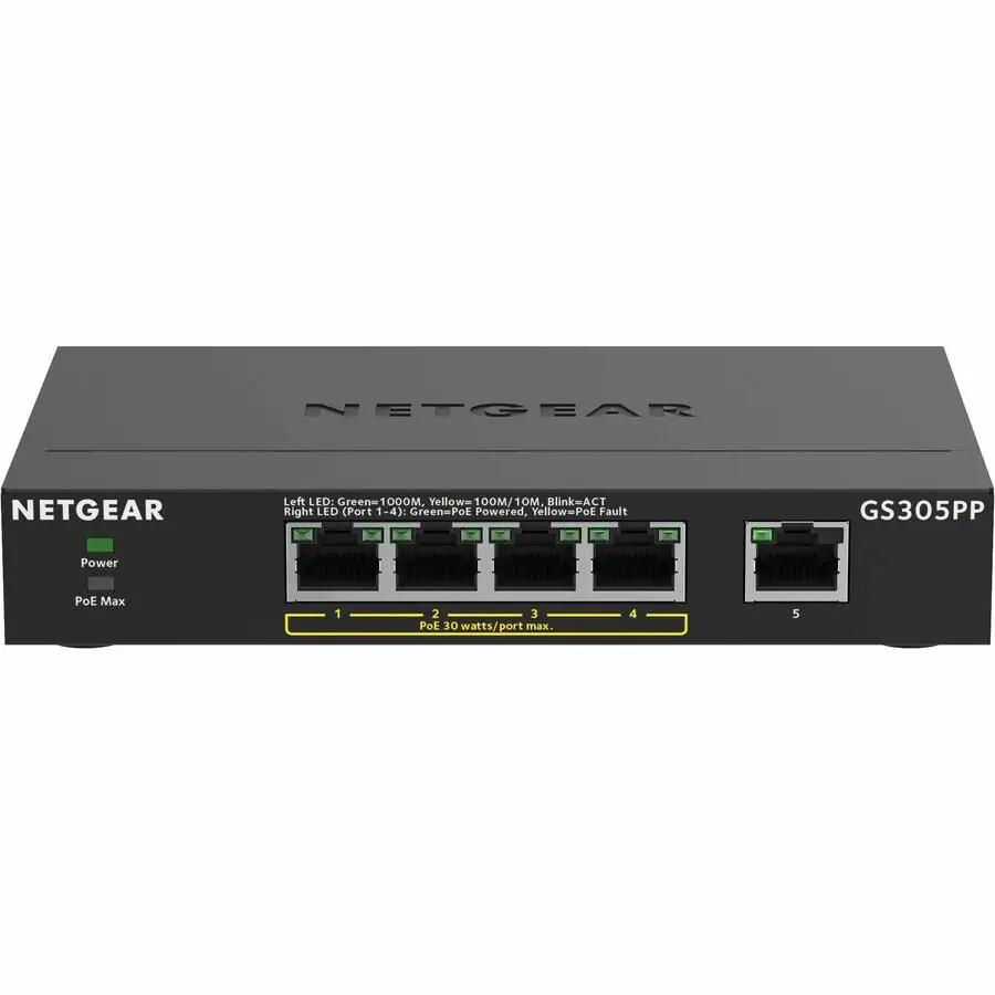 NETGEAR GS305PP 5-port Gigabit PoE+ switch in black metal chassis with five RJ-45 ports and front LEDs