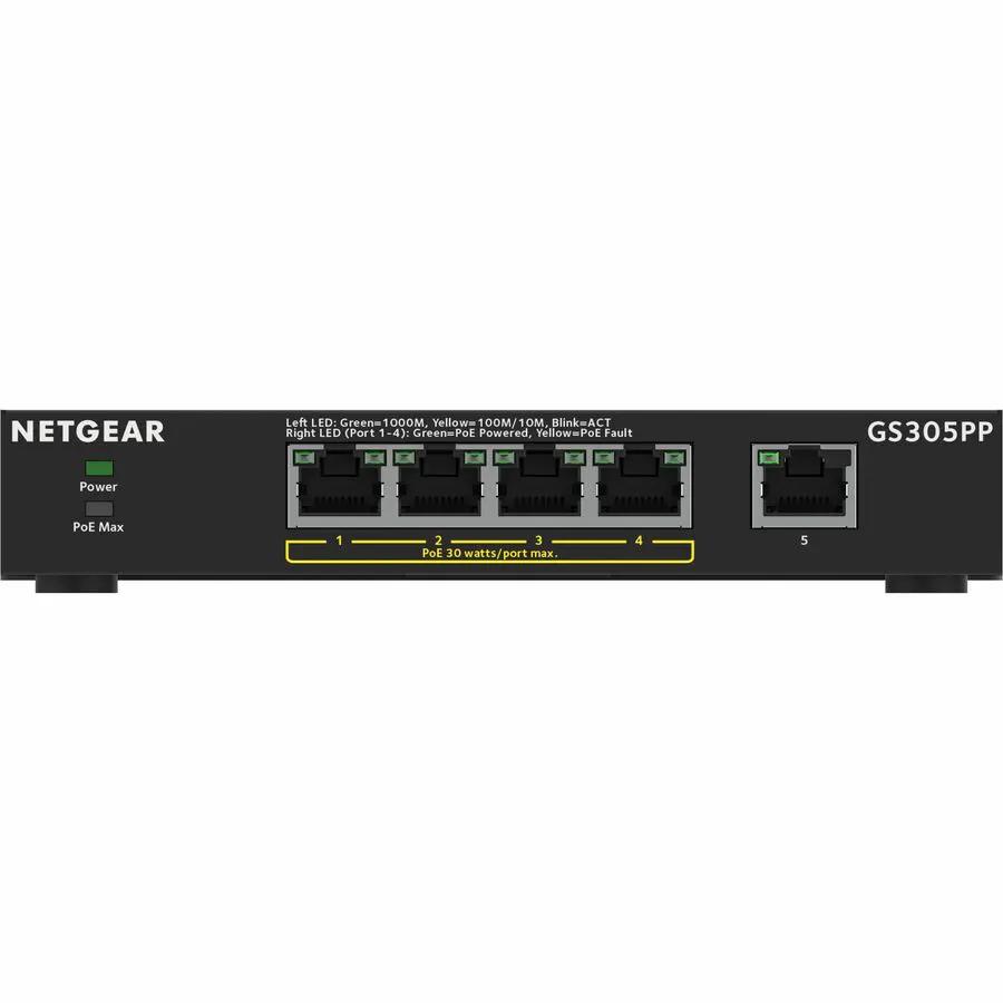 NETGEAR GS305PP 5-Port PoE+ Gigabit Switch, black front panel with five Ethernet ports