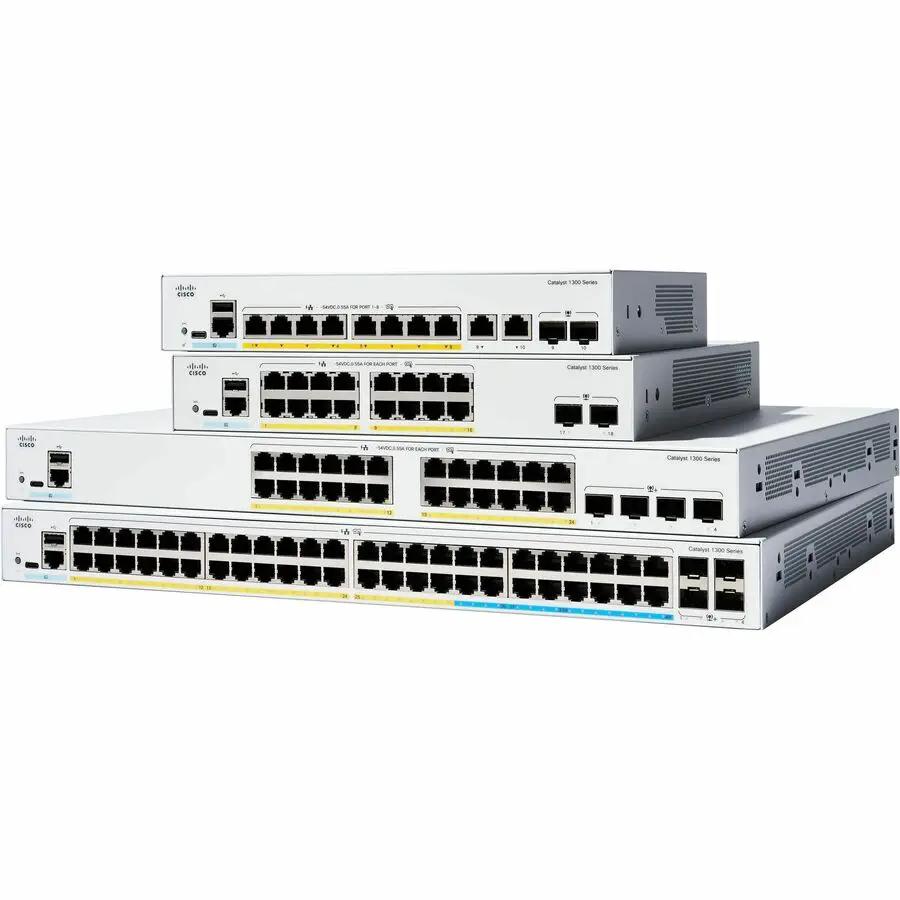 Cisco Catalyst 1300 16-Port GE PoE SFP Switches, four gray chassis stacked.