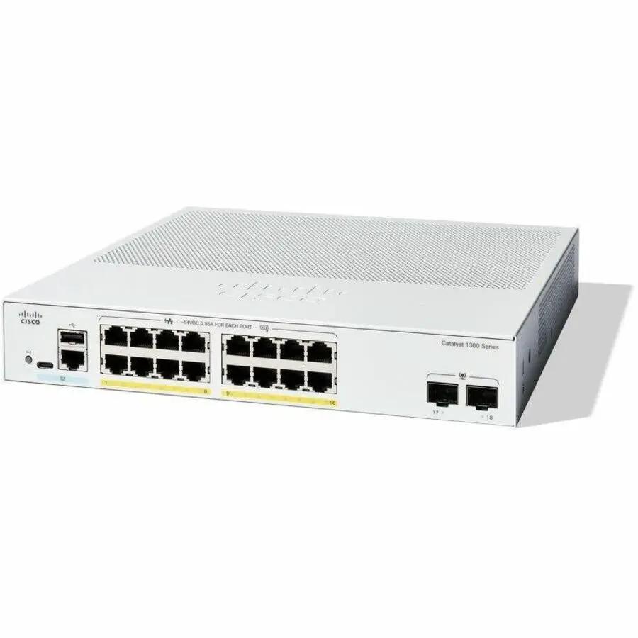 Cisco Catalyst 1300 16-port Gigabit PoE switch with SFP uplinks on white background