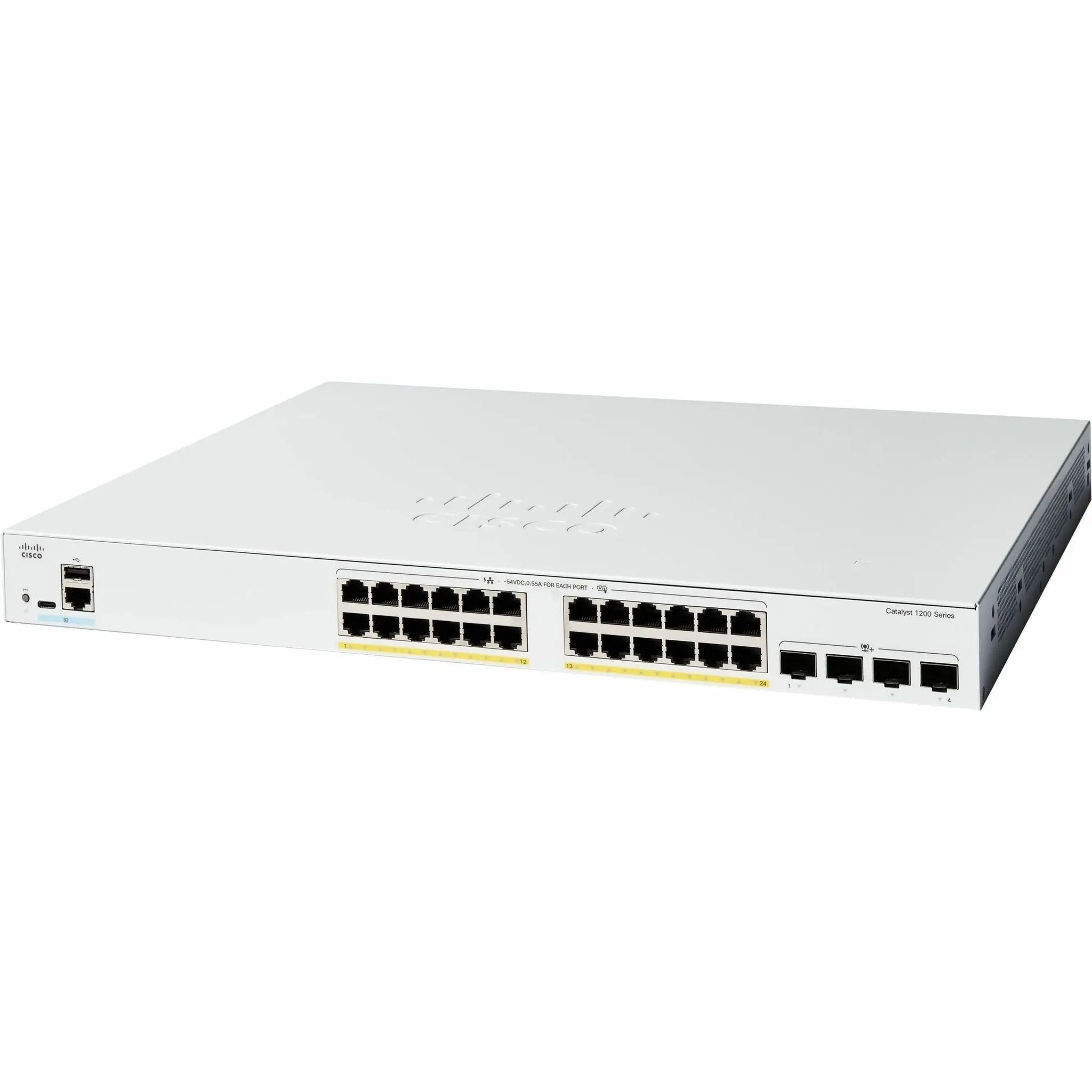 Cisco Catalyst 1200 24-Port Gigabit PoE SFP+ Switch, gray metal chassis