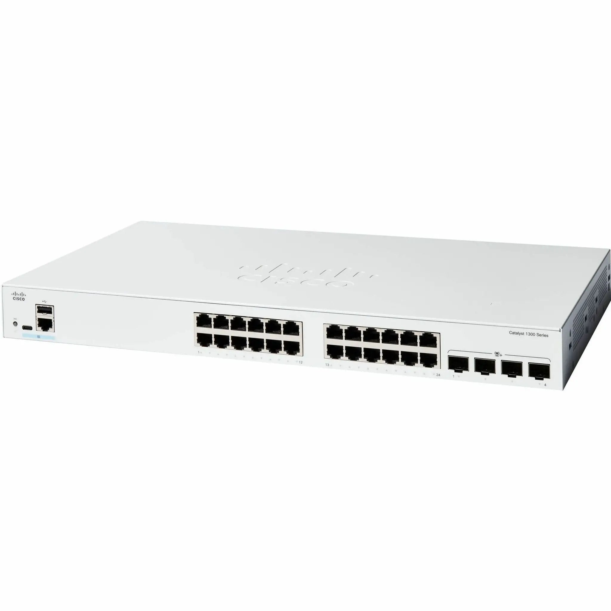 Cisco Catalyst 1300 Series 24-port Gigabit PoE switch with SFP+ uplinks, white metal chassis