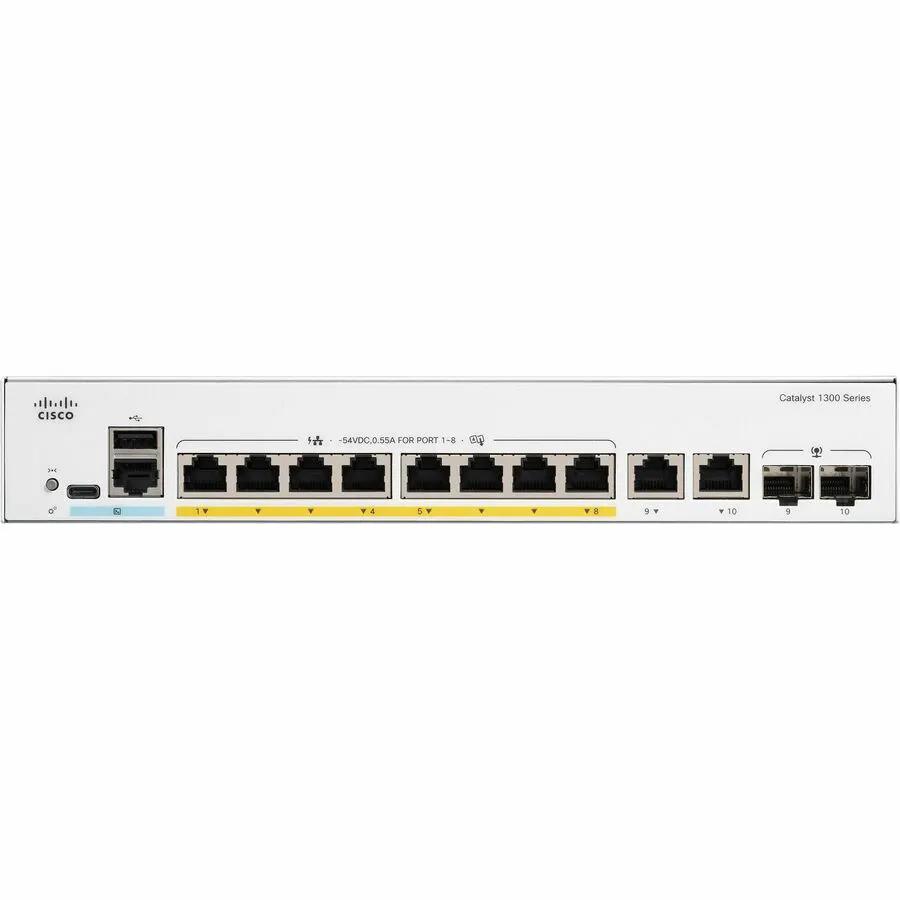 Cisco Catalyst 1300 8-Port Gigabit PoE Switch with white front panel and eight RJ-45 PoE ports