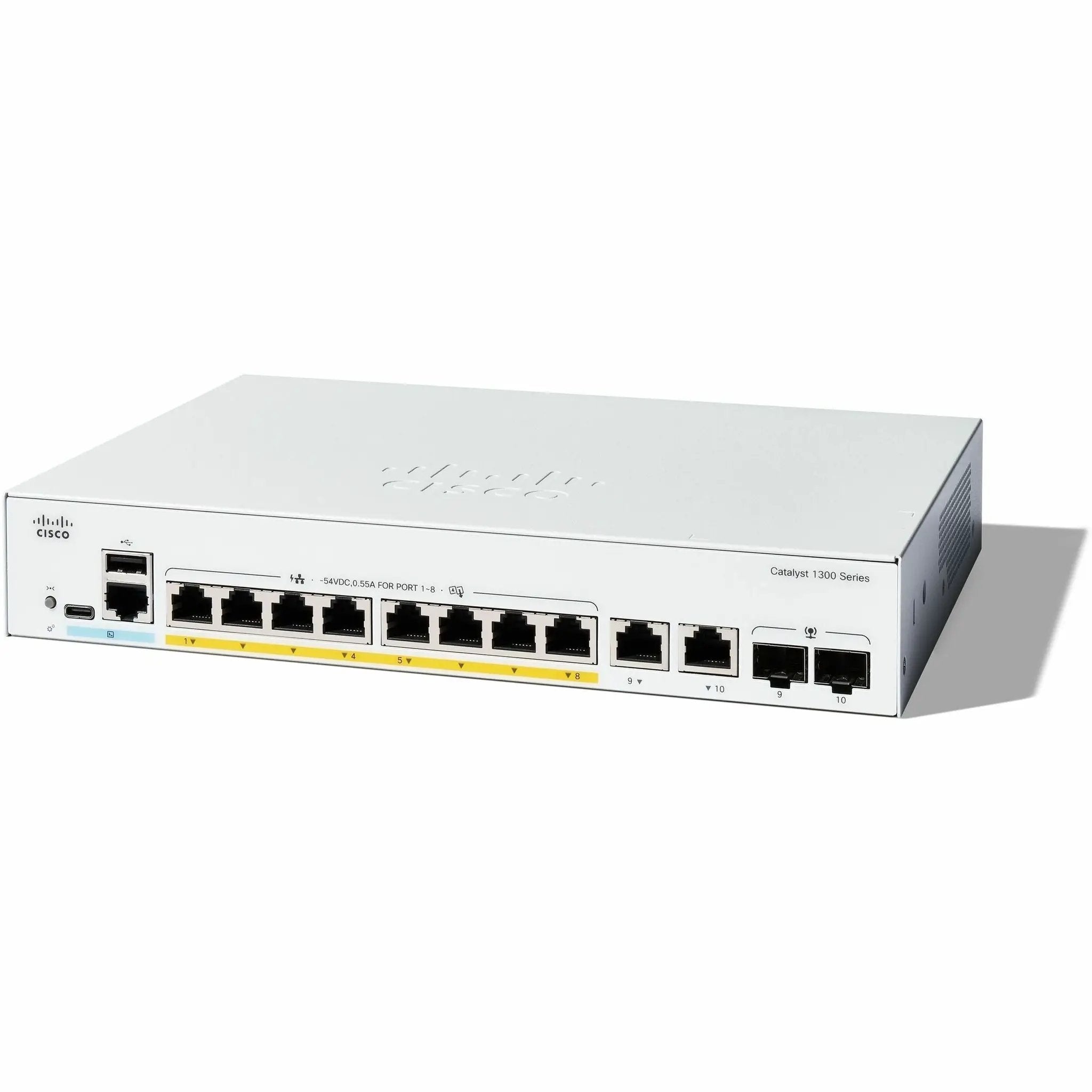 Cisco Catalyst 1300 Series 8-port Gigabit PoE switch in gray metal chassis.