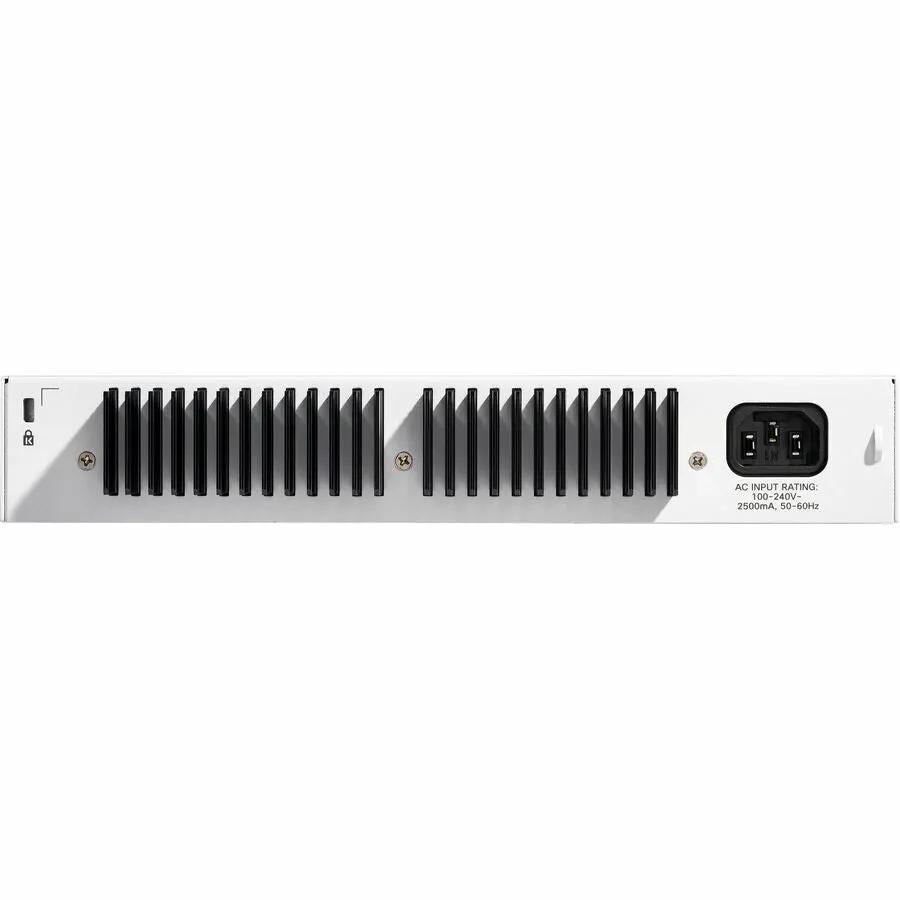 Cisco Catalyst 1300 16-port Gigabit PoE SFP+ switch, rear panel view, silver chassis with black vent fins.
