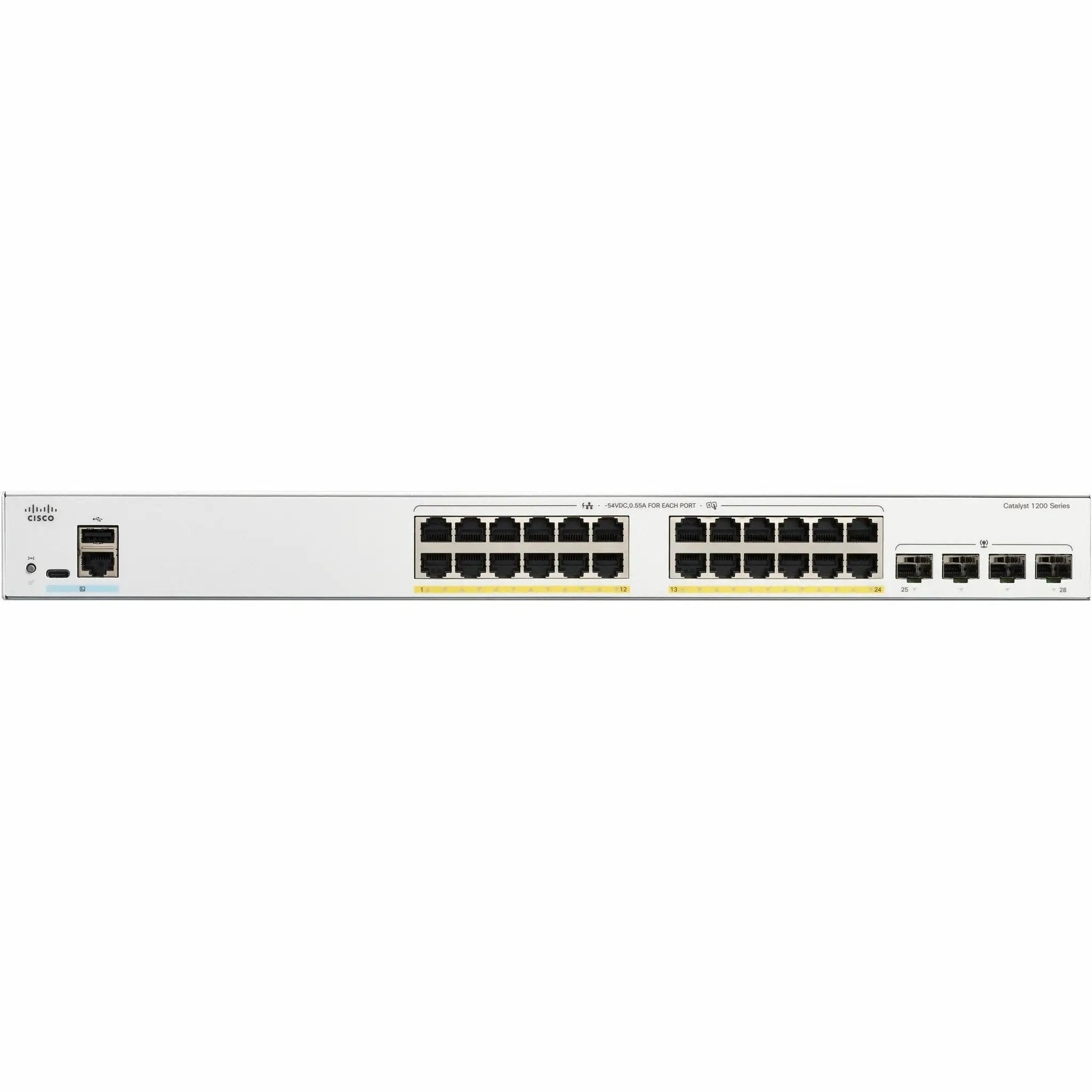 Cisco Catalyst 1200 24-Port Gigabit PoE Switch with 4 SFP uplink ports, gray chassis