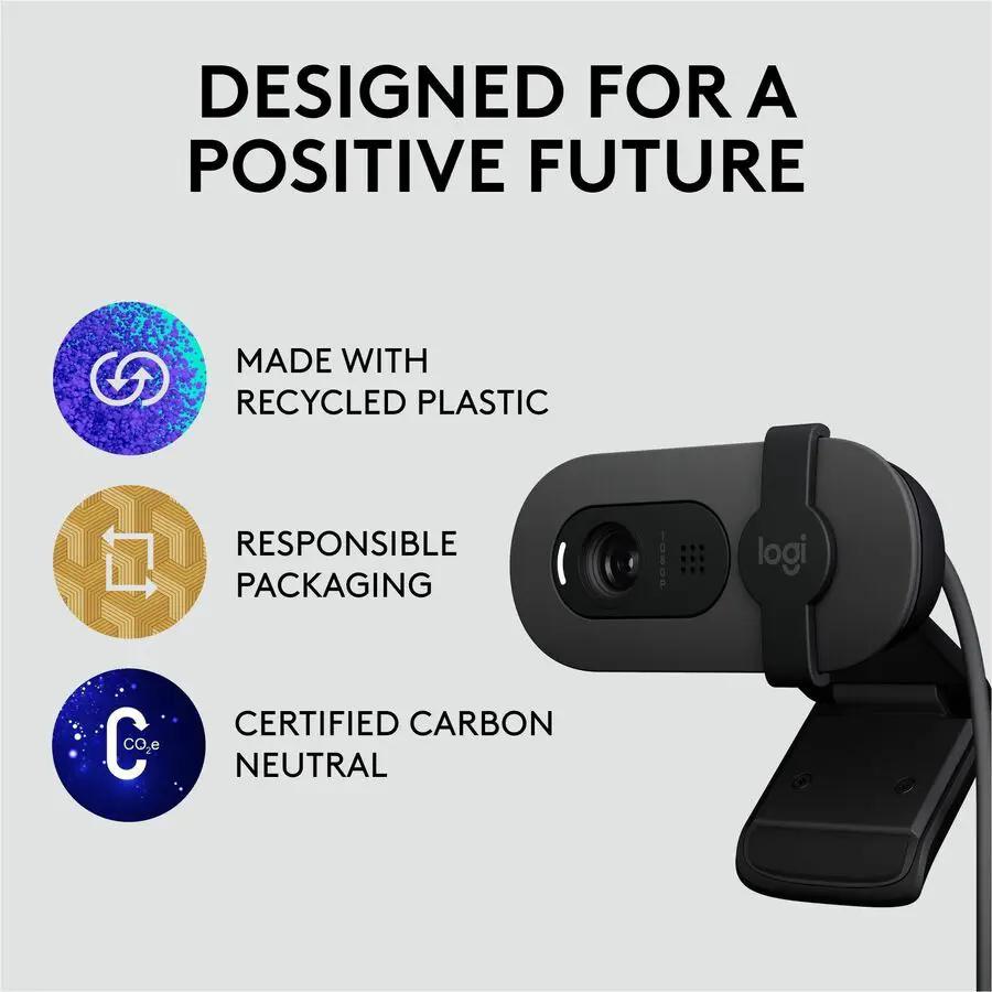 Brio 105 webcam Graphte; black webcam with Logi logo and three sustainability icons on the left
