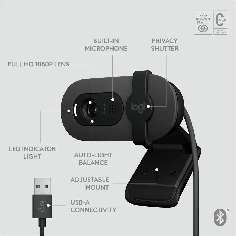 Webcam Brio 105 by Logitech, black USB camera with built-in microphone and privacy shutter