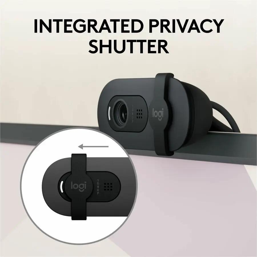 Logitech Brio 105 webcam mounted on a monitor with integrated privacy shutter.