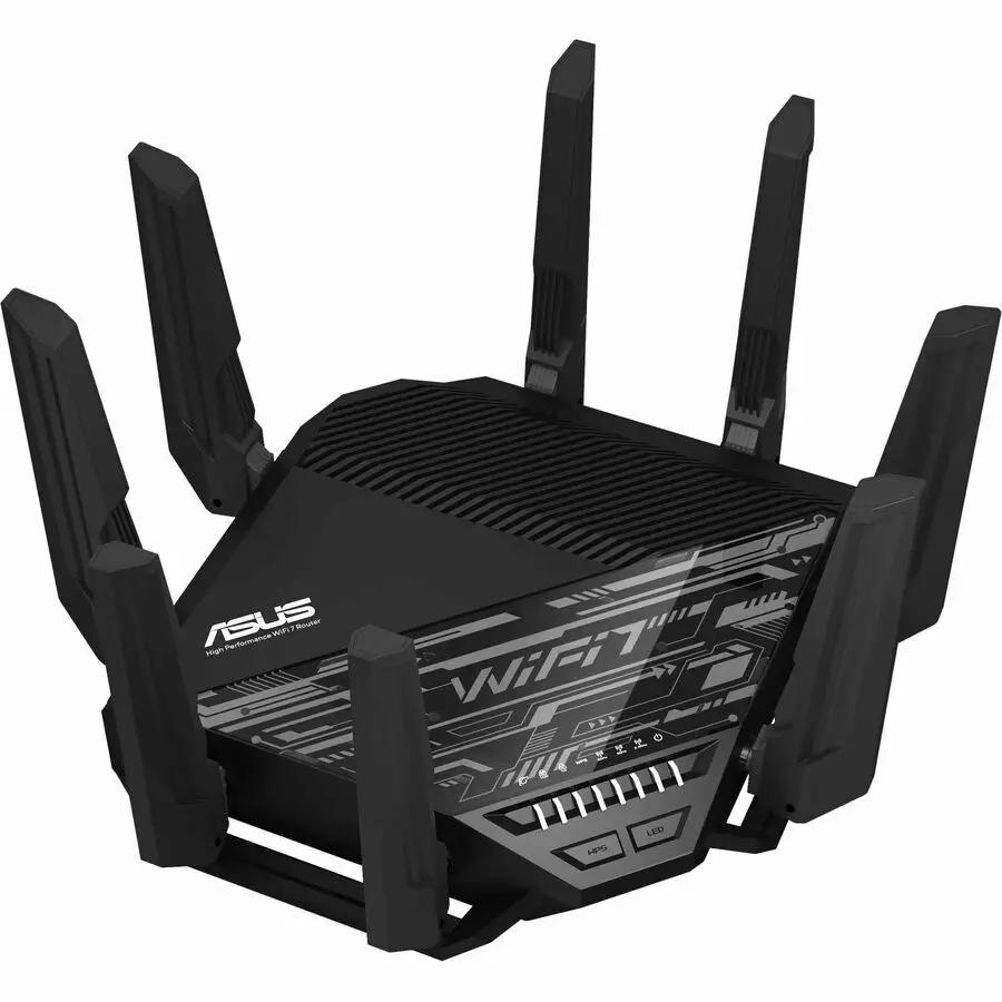 ASUS RTBE96U dual 10GbE WiFi 7 router in black with six external antennas