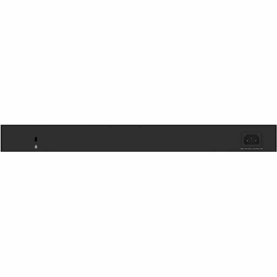 Netgear MG U60 24-Port PoE Switch, black front panel with AC power input on the right.