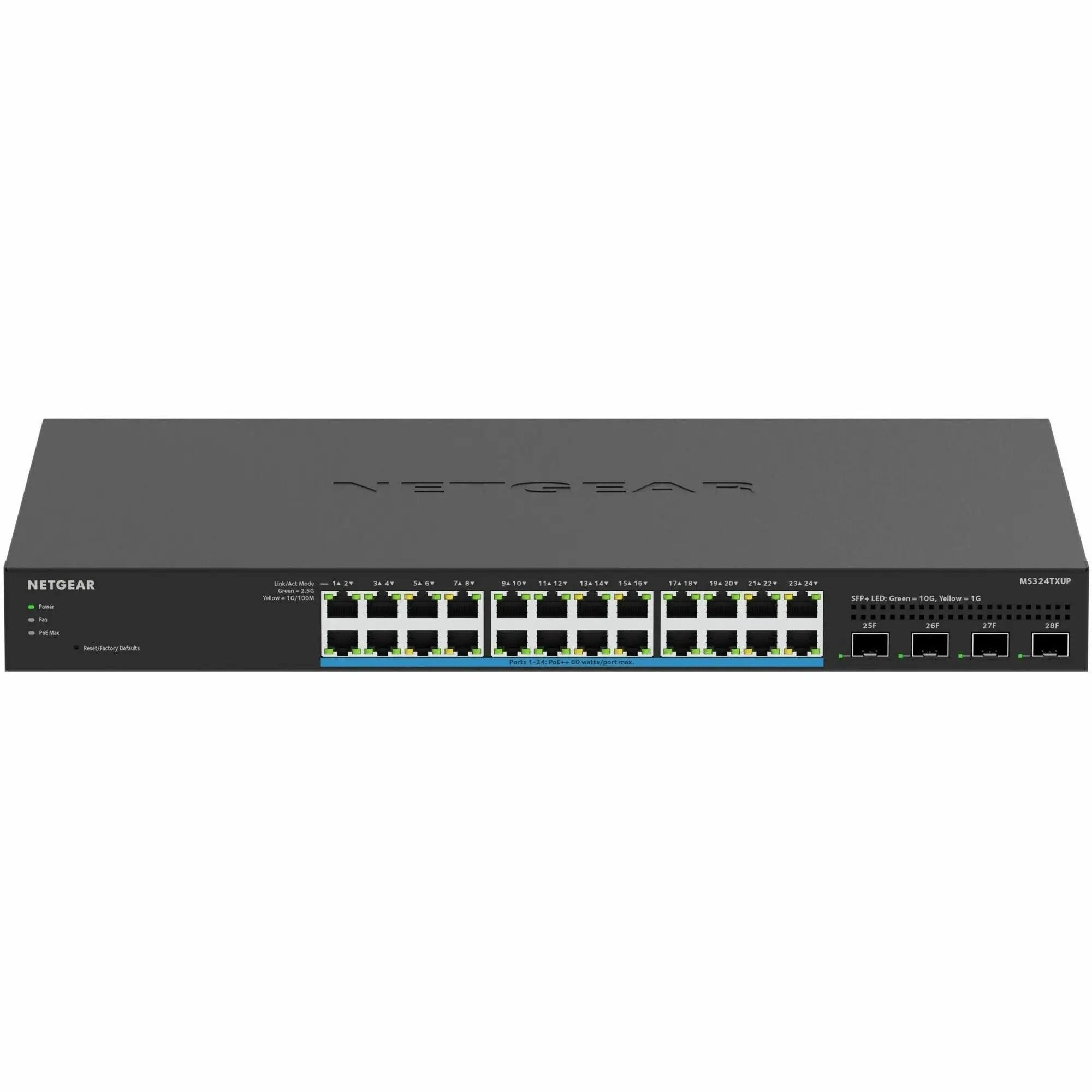 Netgear MS324TXUP 24-port PoE switch, front view with ports and LEDs.