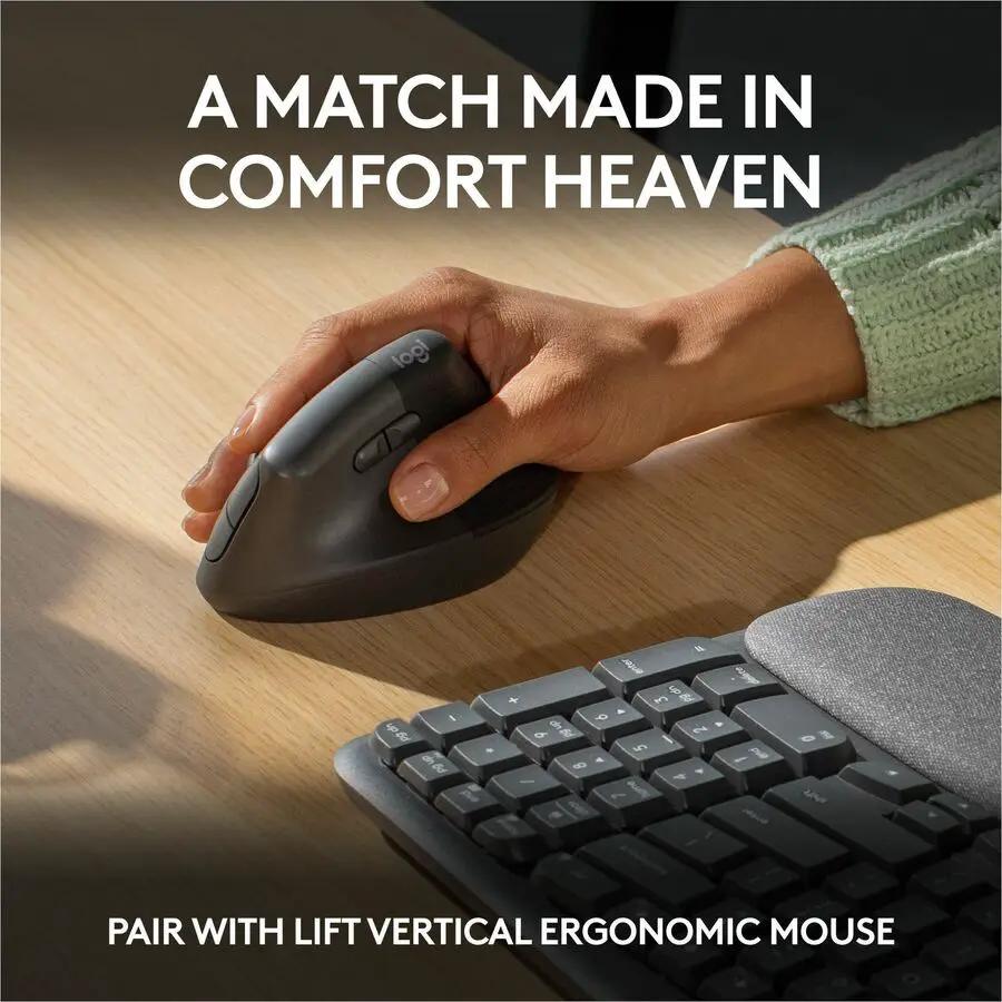 Logitech Wave Keys Wireless Ergonomic Keyboard with Cushioned Palm Rest, Comfortable Natural Typing, Graphite