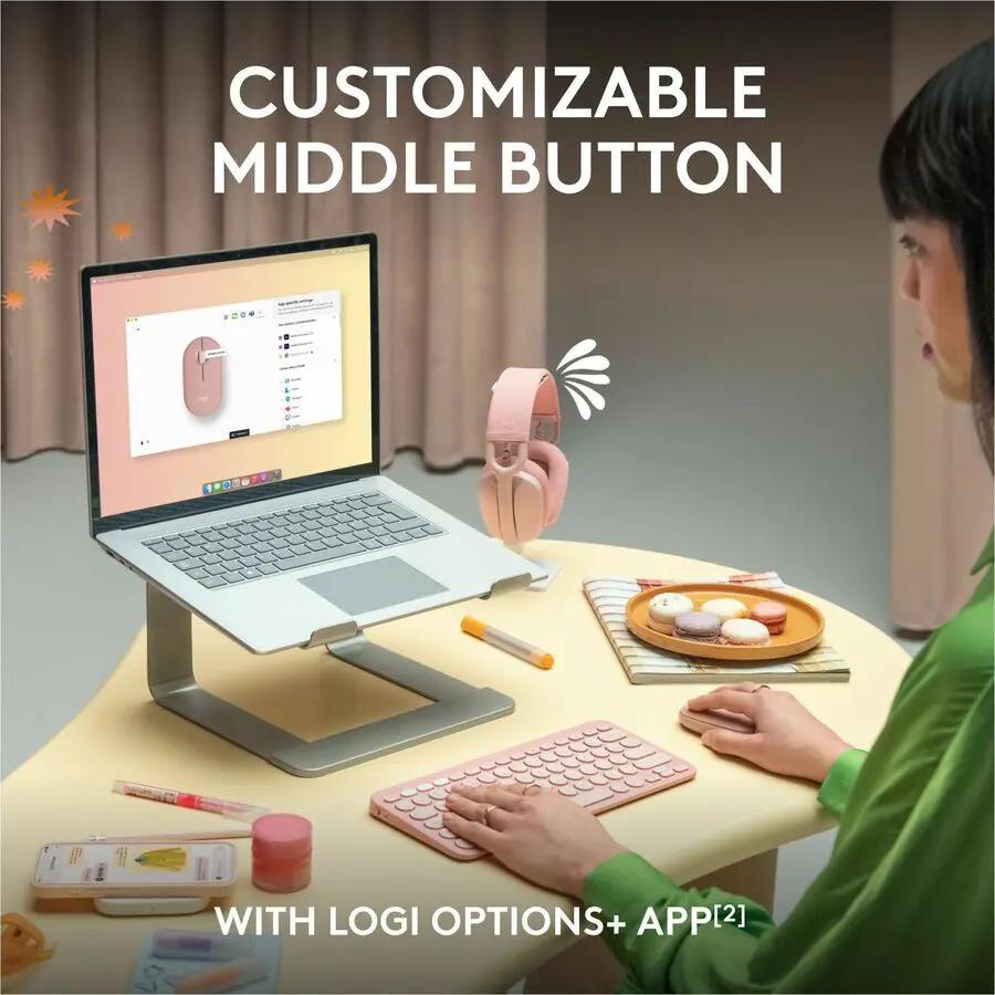 Logitech Pebble Mouse 2 M350s Slim Bluetooth Wireless Mouse, Portable, Customizable Button, Quiet Clicks, Tonal Rose