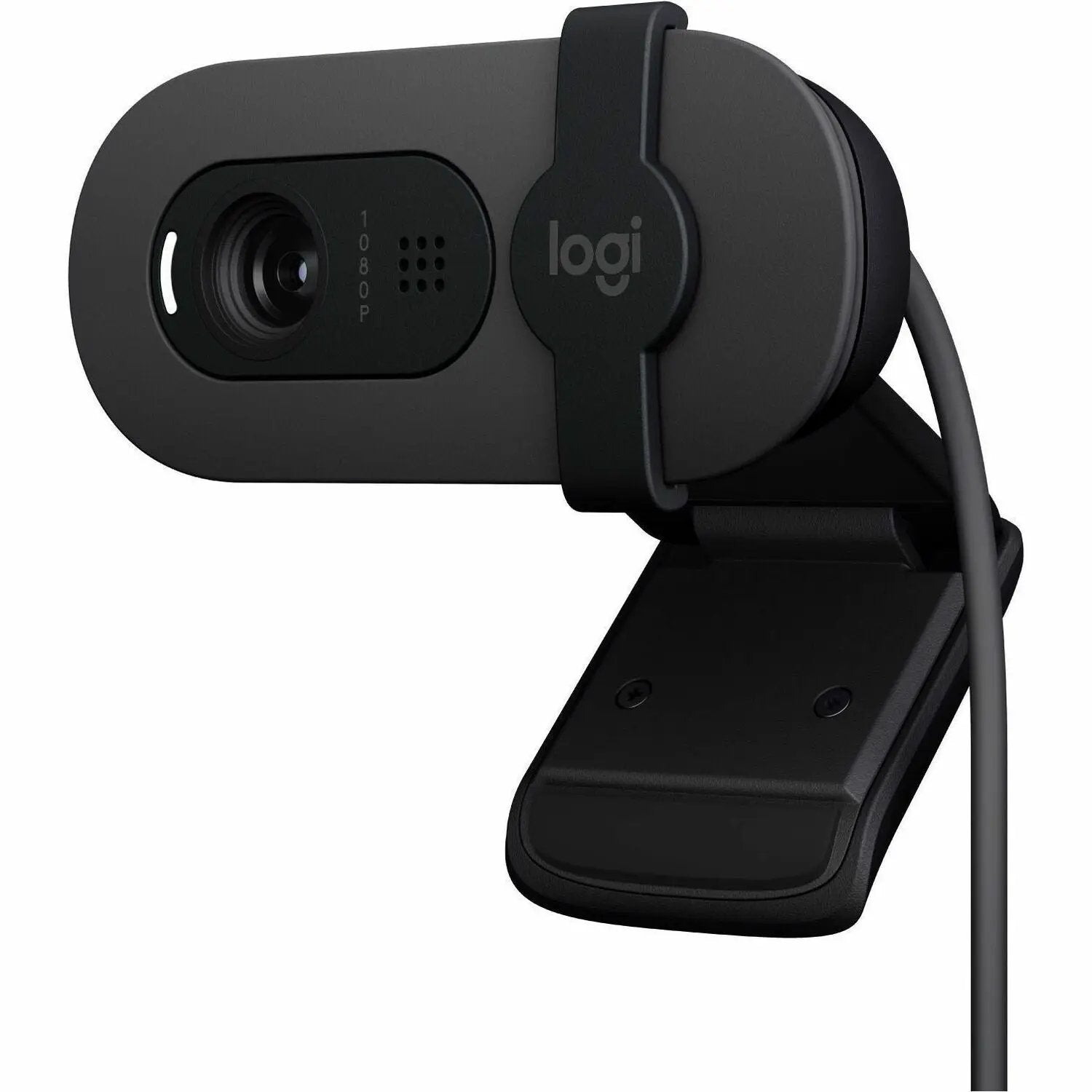 Logitech BRIO 100 webcam, graphite finish, mounted on adjustable stand with USB Type-A cable
