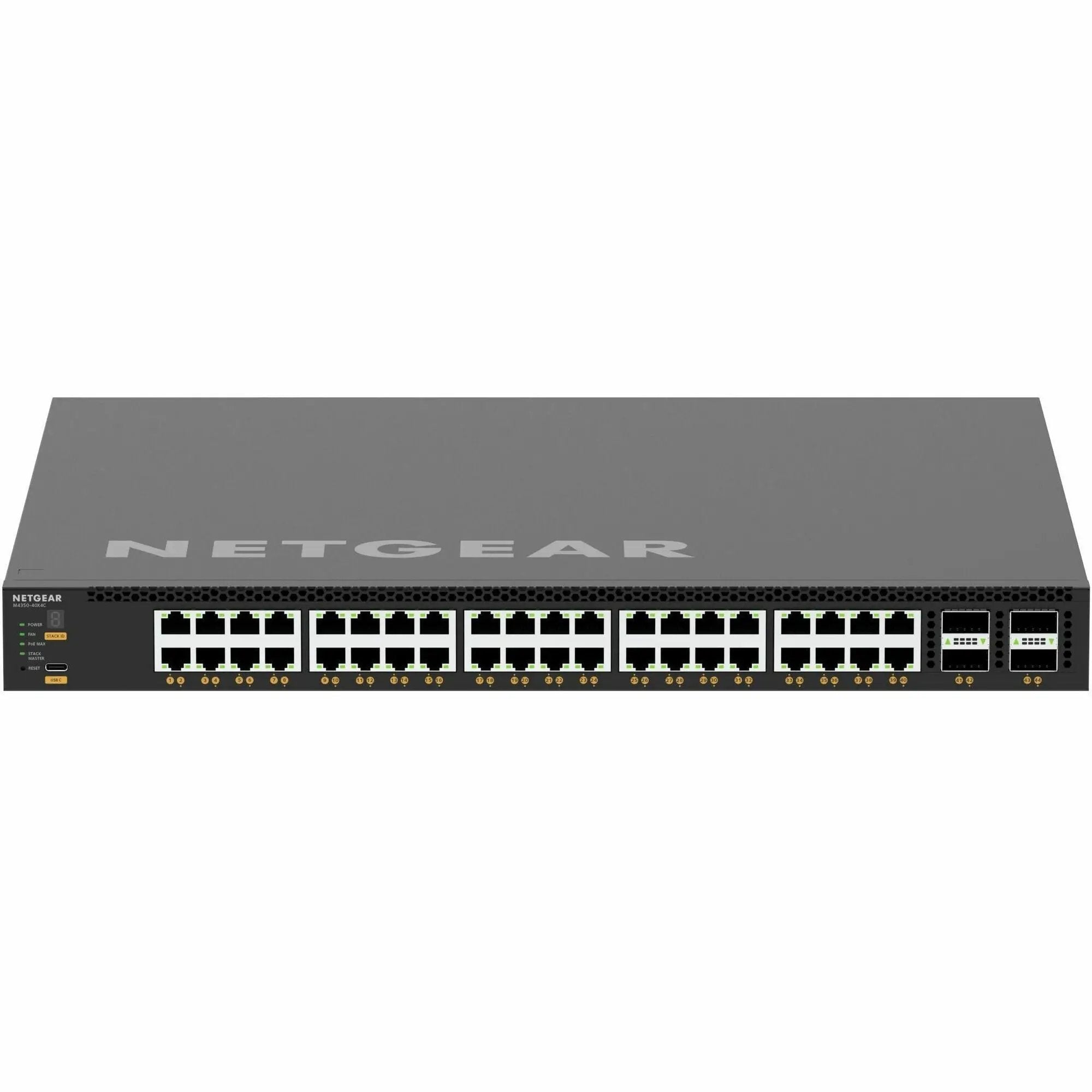NETGEAR M4350 40-Port Managed PoE Modular Switch, front view of black rack-mount unit