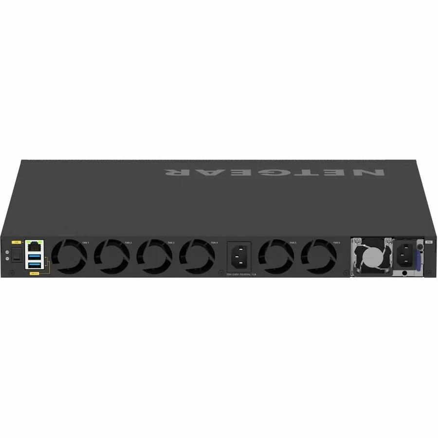 NETGEAR M4350 40-port managed PoE modular switch, front view in a black 1U rackmount chassis with 40 ports