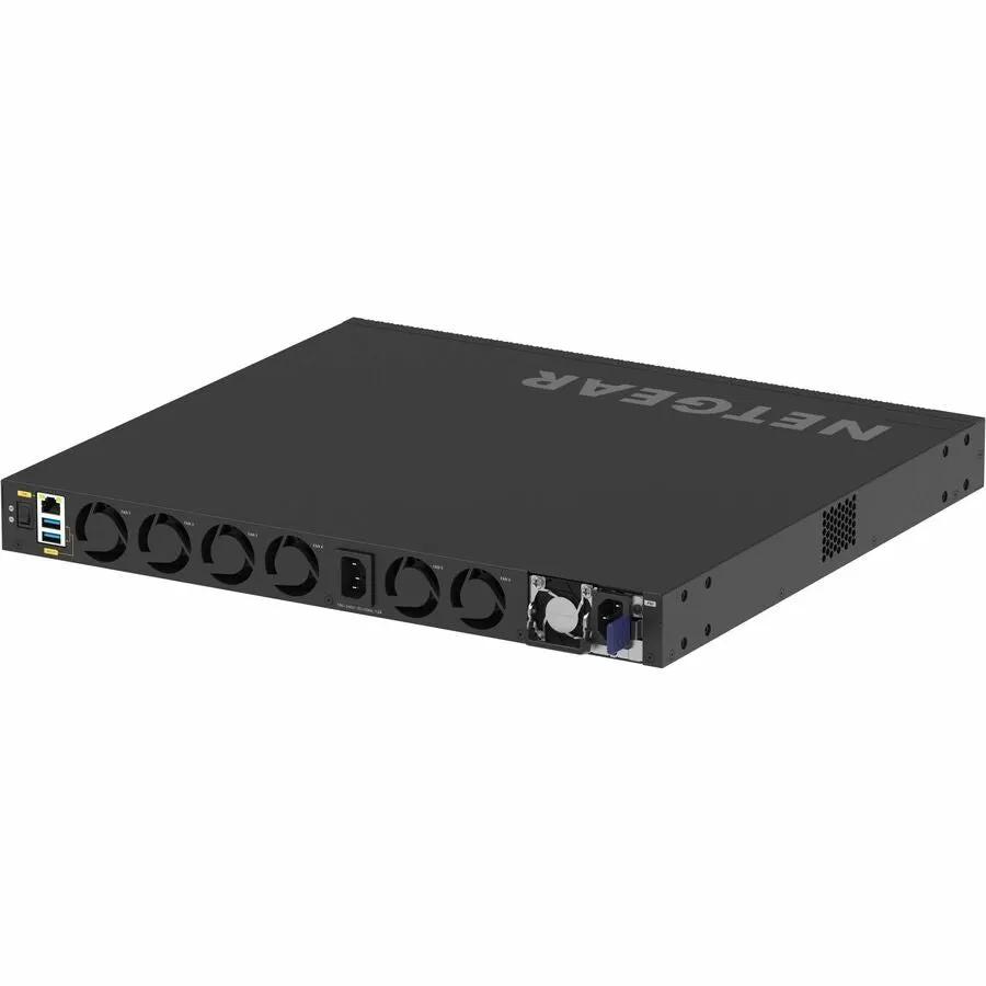 Netgear 1U rack-mount switch, black with Netgear branding, front-panel ports and cooling fans.
