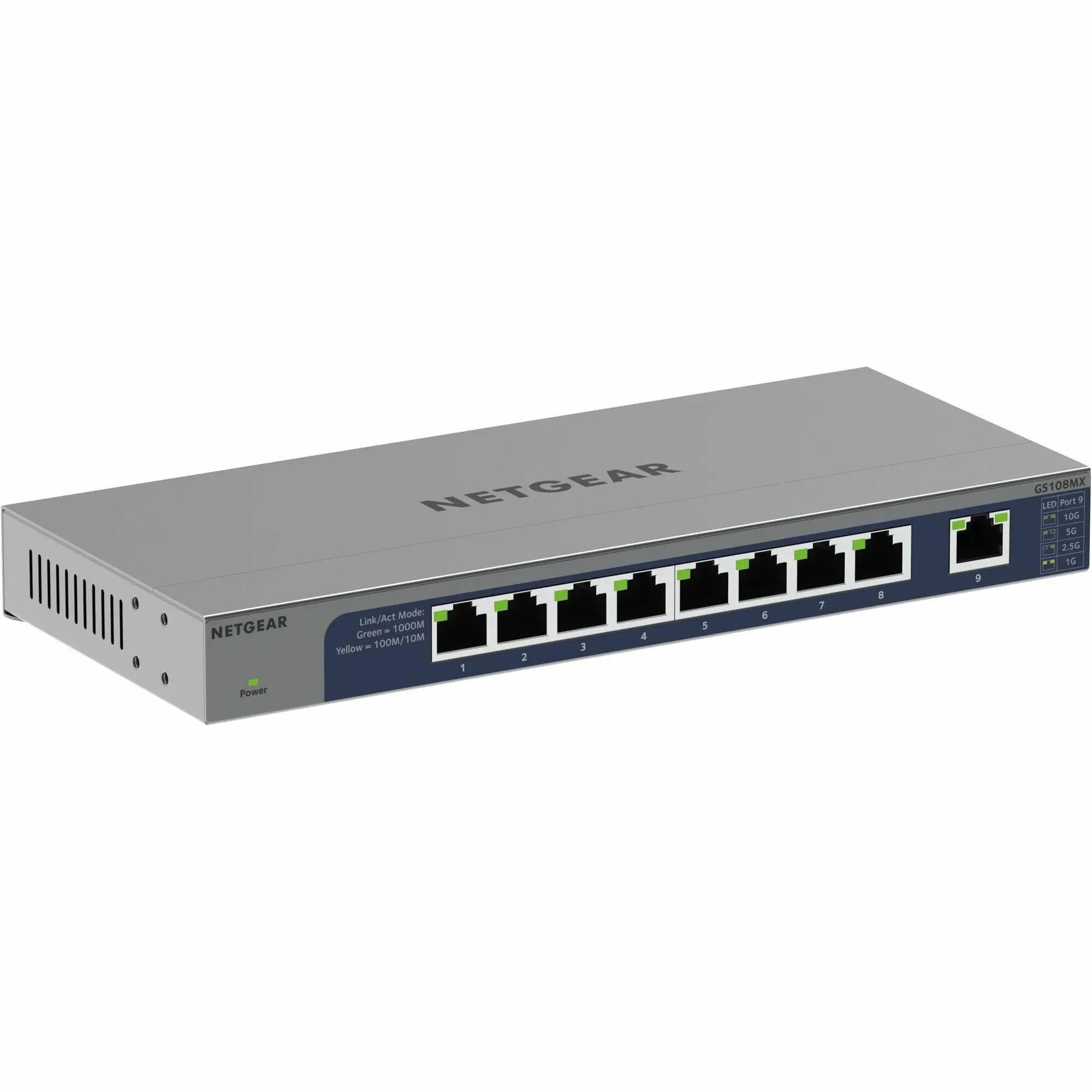 Netgear ProSafe GS108MX 8-Port Gigabit Unmanaged Switch with silver metal chassis and front LEDs