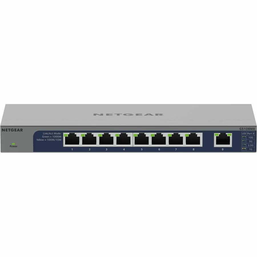 NETGEAR ProSafe GS108MX 8-port gigabit unmanaged switch with blue front panel.