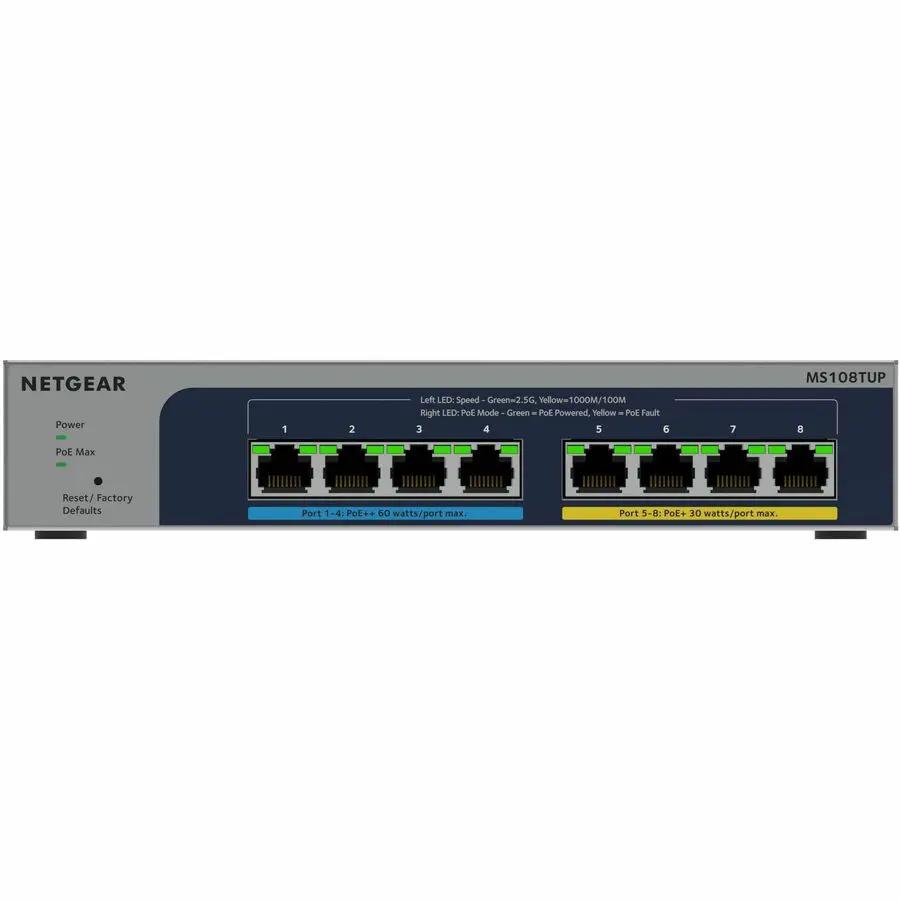 Netgear MS108TUP 8-port PoE smart switch with eight Ethernet ports on a blue-gray chassis