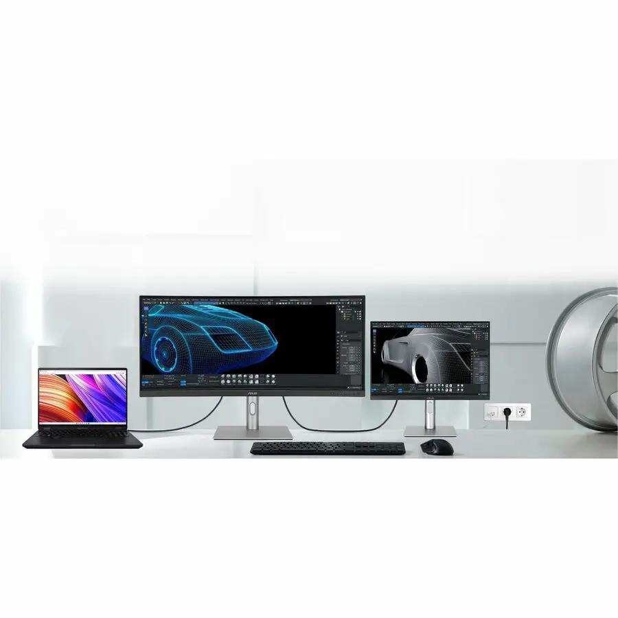 ASUS ProArt PA34VCNV 34-inch UW-QHD curved IPS monitor; three-device setup with laptop and second display on white desk