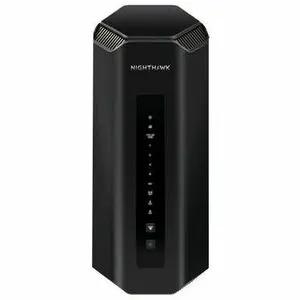 Netgear Nighthawk RS700S Gigabit WiFi 7 router, black, standing upright on white background.