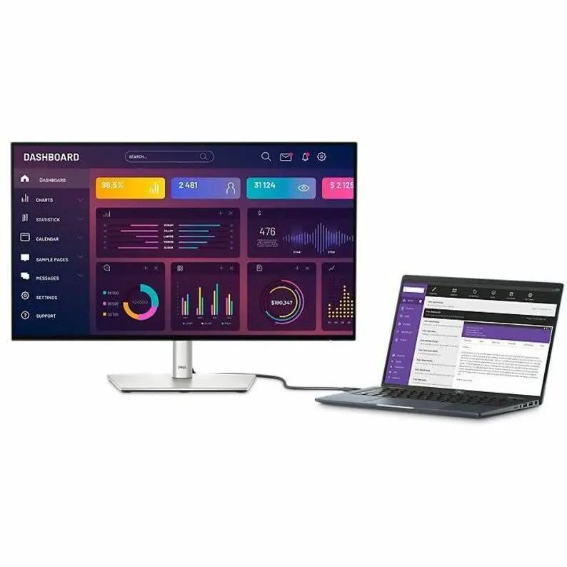 Dell UltraSharp U2724DE 27-inch WQHD monitor with Dell laptop, black and silver.