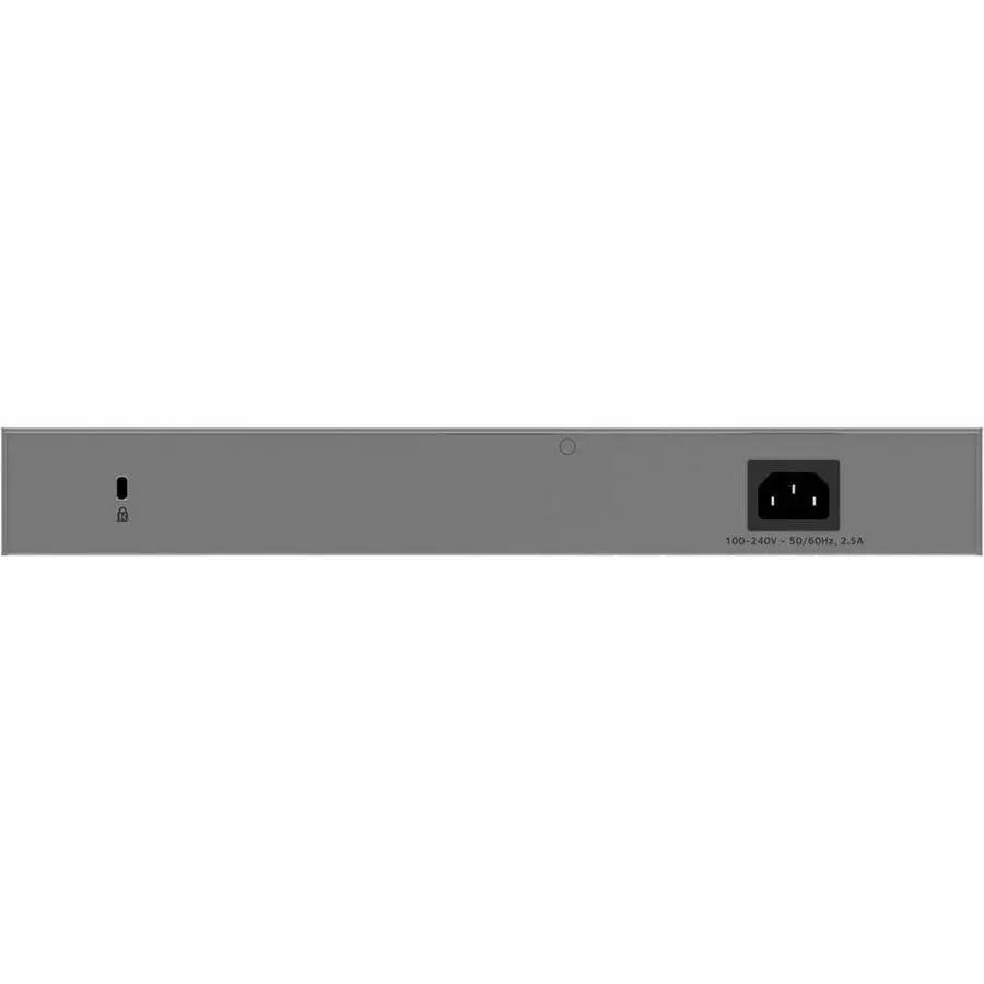 NETGEAR 16-Port 10GbE Smart Managed Switch rear panel in gray metal enclosure with power inlet and lock slot