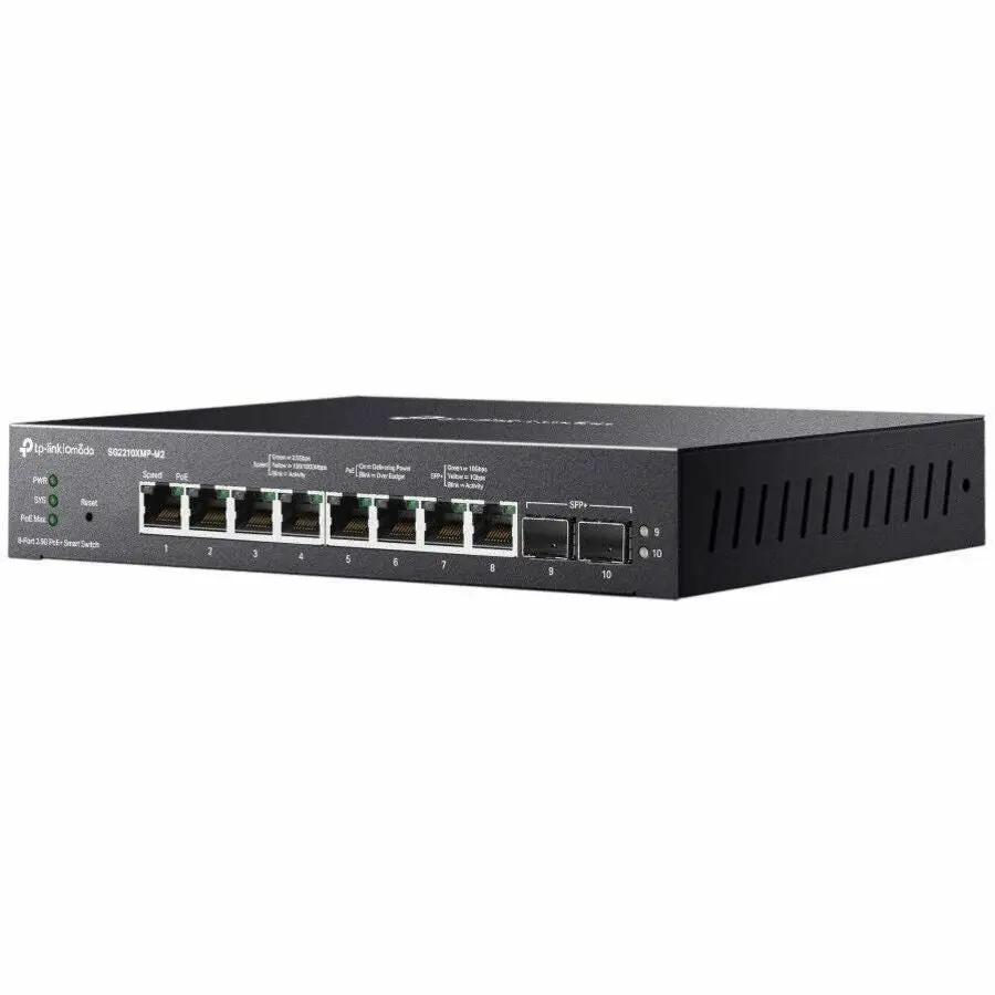 TP-Link Omada 8-Port PoE+ SFP+ Smart Switch, black metal chassis with 8 PoE ports and 2 SFP+ uplinks.