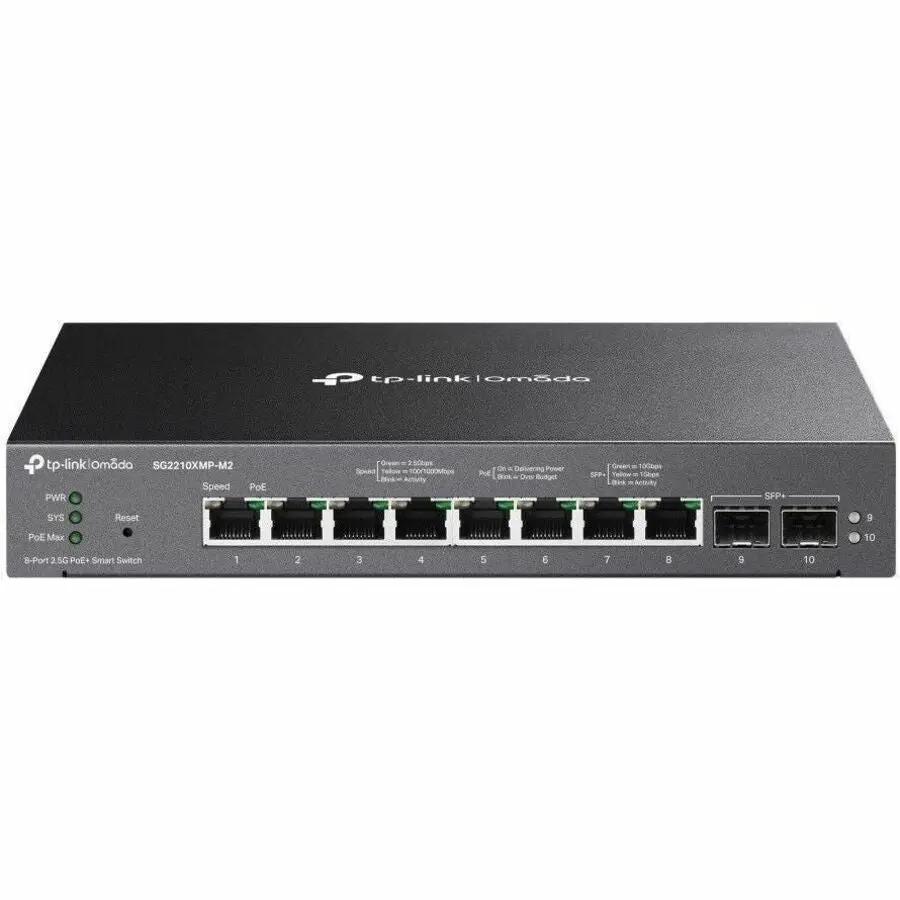 TP-Link Omada 8-Port PoE+ SFP+ Smart Switch, black chassis with 8 PoE ports and 2 SFP+ uplink ports