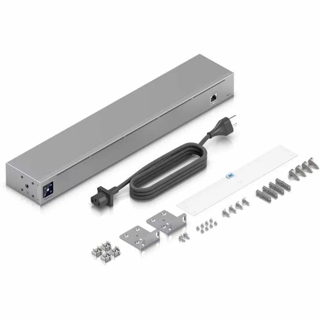 Ubiquiti Cable Internet 2.5 Gigabit Unmanaged Gateway in a silver metal enclosure with power cord and mounting kit