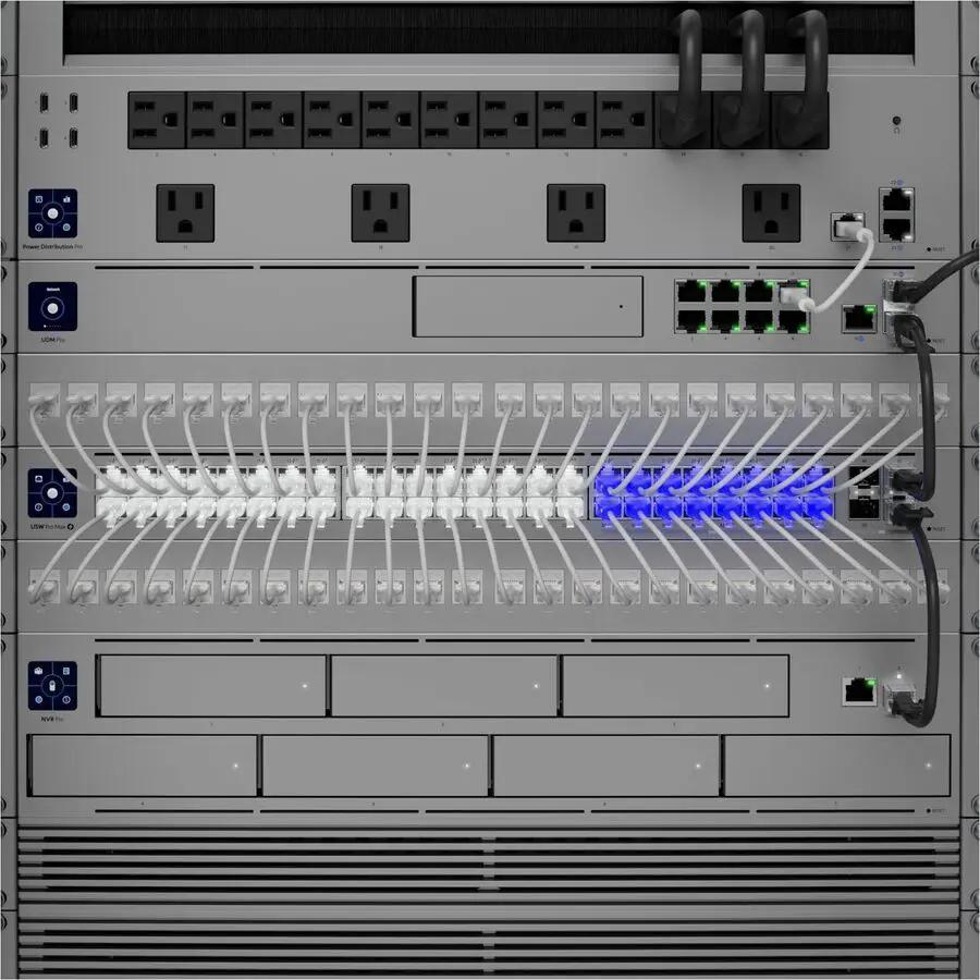 Ubiquiti UniFi Pro 48-Port PoE Managed Switch in a 19-inch rack enclosure.