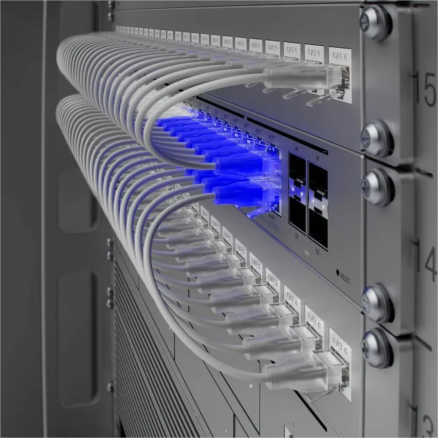 Ubiquiti UniFi Pro 48-Port PoE Managed Switch mounted in a rack with blue LEDs and gray Ethernet cables