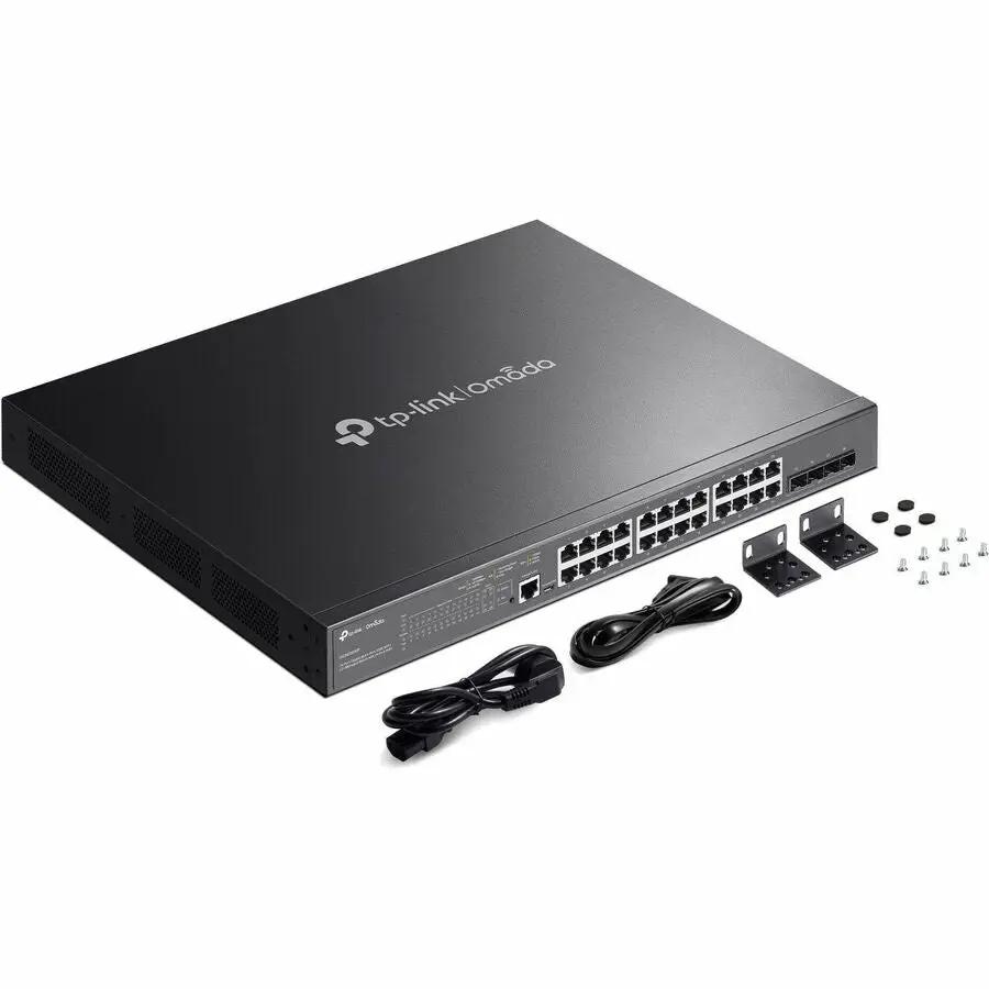 TP-Link Omada 24-Port Gigabit PoE+ managed switch with rack-mount brackets and mounting hardware