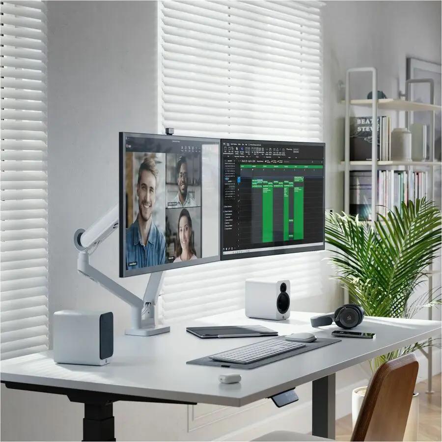 Alogic Clarity 32-inch 4K UHD USB-C monitor on a white desk with an adjustable arm