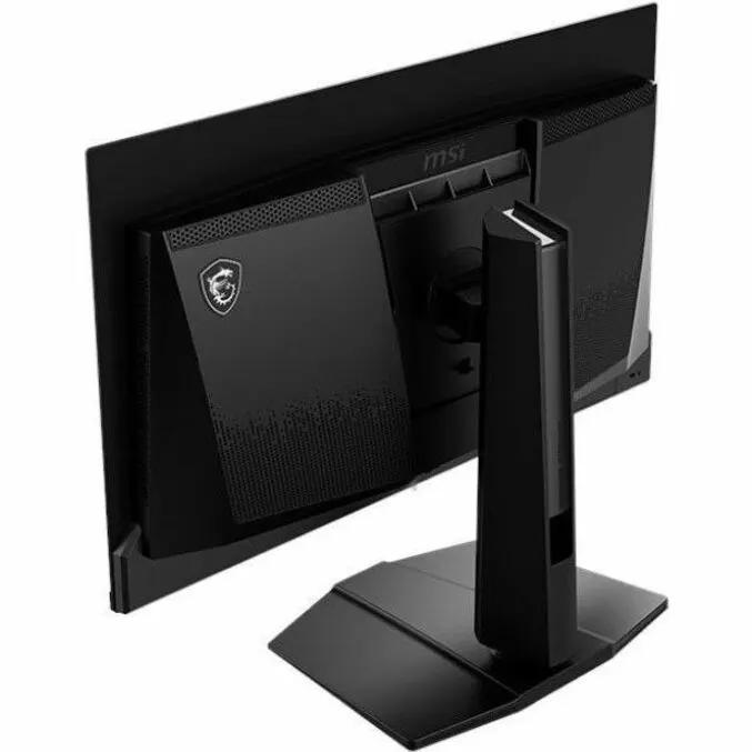 MSI MAG 271QPX 27-inch OLED gaming monitor on black stand, rear view.