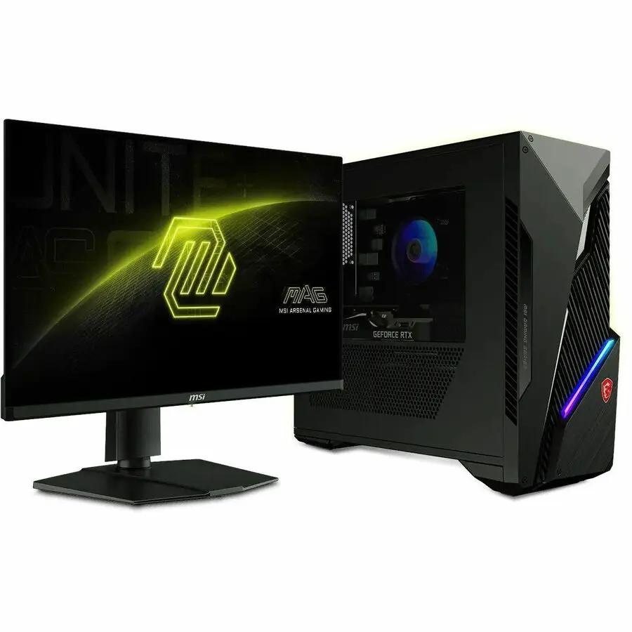 MSI MAG 271QPX 27-inch WQHD OLED gaming monitor beside a black desktop PC